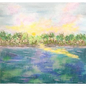 Lake View Original Acrylic Painting, Signed, 6 x 6